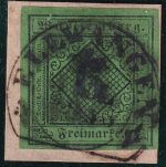 Württemberg - 6 Kr. schwarz/grün Ausg. 1851 Steigbügelstpl. Ellwangen Briefstück