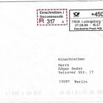 BRD - ABAS Versuch 450 Pfg. Einschreibebrief Ludwigsburg - Berlin 7.8.96