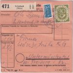 BRD - 90+5x4 Pfg. Posthorn Paketkarte Erlbach - Untermünstertal 1954