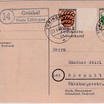 FZ/Allg. - (14) Gniebel ü. Tübingen 5+1 Pfg. Wappen Karte n. Chemnitz 1947