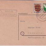 FZ/Allg. - (14) Häslach ü. Tübingen 5+1 Pfg. Wappen Karte n. Chemnitz 1947