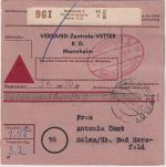 BRD - 2x15 Pfg. Heuss I Bearbeitungsgebühr Nachnahme-Paketkarte Mannheim 1955
