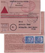 BRD - 2x15 Pfg. Heuss I Bearbeitungsgebühr Nachnahme-Paketkarte Mannheim 1955