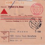 BRD 30 Pfg. Heuss I Bearbeitungsgebühr Nachnahme-Paketkarte Bremen 5 1955