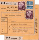 BRD - 2x60 Pfg. Heuss I + 2xNotopfer Paketkarte (2 Pkte.) Kleinheubach 1955