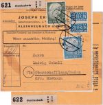 BRD - 90+30 Pfg. Heuss I + 2xNotopfer Paketkarte (2 Pkte.) Kleinheubach 1955