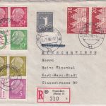 BRD - Heuss Zusammendruck ex H-Blatt 3+5 u.a. Einschreibebrief Frankfurt aM 1956