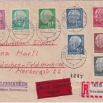 BRD - Heuss Lumogen Teilsatz Eil-Einschreibebrief Schweinfurt - München 1961