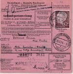 BRD - 60 Pfg. Heuss I Postanweisung n. FRANKREICH Karlsruhe PSchA Dev/Um 1954