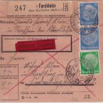 DR - 2x25+5 Pfg. Hindenburg Eilpaketkarte Postst. I Forchheim ü. Karlsruhe 1941