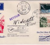 Frankreich Lufthansa-Ost 1st-flight/Zuleitungspost KM-Stadt Leipzig 28.4./2.5.58