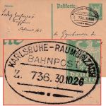 DR - Karlsruhe Raumünzach Bahnpost Z.736 5 Pfg, Ganzsache Forchheim 1926