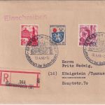 FZ/Baden - 45+24 Pfg. Freimarken +15 Pfg. Wappen Einschreibebrief Gernsbach 1948