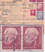 BRD - 3 DM Heuss I waagr. Paar ua. Paketkarte n. BELGIEN Steinheim ü. Hanau 1961