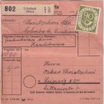 BRD - 90+5x4 Pfg. Posthorn Paketkarte Erlenbach - Leipzig 10.9.54