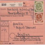 BRD - 90+5x4 Pfg. Posthorn Paketkarte Erlenbach - Ruhland/Lausitz 22.7.54