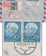 BRD - 30 Pfg Heuss I waagr. Paar Lupo-Einschreibebrief i.d. TÜRKEI Koblenz 1954