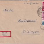 BRD - 20+40 Pfg. Posthorn/Bauten Einschreibebrief Peterzell - Villingen 1952