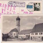 Bayern - Finningen b. Neu-Ulm Kirche Straßenansicht sw-Foto-AK Landpost-Ra2 1953