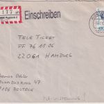 BRD - 450 Pfg. Frauen Einschreibebrief Rostock - Hamburg 1993 Aushilfs-R-Zettel