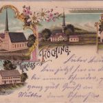 Bayern - Föching Gasthof Kirche etc. Mehrbild-Farblitho gelaufen 1900