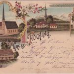 Bayern - Föching Gasthaus Ortsansicht etc. Mehrbild-Farblitho gelaufen 1899