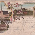 Bayern - Föching Gasthaus Ortsansicht etc. Mehrbild-Farblitho gelaufen 1897 Text
