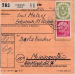 BRD - 90+20+15 Pfg. Posthorn/Heuss Paketkarte Erlenbach - Meiningen 7.9.54