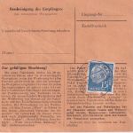 BRD - 90+20+15 Pfg. Posthorn/Heuss Paketkarte Erlenbach - Meiningen 7.9.54