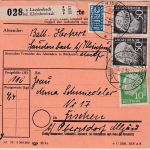 BRD - 50 Pfg Heuss I waagr. Paar u.a. Paketkarte Laudenbach b. Kleinheubach 1955