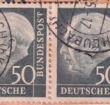 BRD - 50 Pfg Heuss I waagr. Paar u.a. Paketkarte Laudenbach b. Kleinheubach 1955