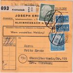 BRD - 90+30 Pfg. Heuss I + Paar Notopfer Paketkarte Kleinheubach 9.12.54