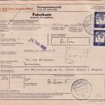 BRD - 2x1 DM Bed. Deutsche u.a. Paketkarte n. BELGIEN Roxheim - Herbesthal 1966