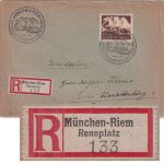 DR - 42 Pfg. Braunes Band Einschreibebrief SST+Sonder-R-Zettel München-Riem 1942
