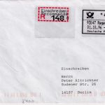 BRD - ABAS Versuch 450 Pfg. Einschreibebrief Regensburg 1 - Berlin 1.10.96