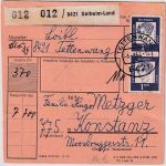 BRD - 2x1 DM Bed. Deutsche u.a. Paketkarte Tettenwang (Kelheim Land) 5.9.64