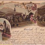 Bayern - Elbach Ortsansicht Tracht etc. Mehrbild-Farblitho gelaufen 1898