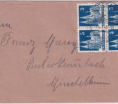 Bizone - 5 Pfg. Bauten 4er-Block Brief Oberstaufen - Mindelheim 24.9.48
