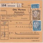 BRD - 30+70 Pfg. Heuss I + NO Paketkarte Kleinheubach - Gerlachsheim 14.4.55