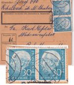 BRD - 30 Pfg, Heuss I waagr. Paar + NO Paketkarte Miltenberg Land 4.2.55