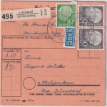 BRD - 50 Pfg, Heuss I waagr. Paar u.a. Paketkarte Kirchzell ü. Miltenberg 1955