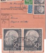BRD - 50 Pfg, Heuss I waagr. Paar u.a. Paketkarte Kirchzell ü. Miltenberg 1955