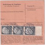 BRD - 50 Pfg, Heuss I senkr. 3er-Streifen/UR Schnellpaketkarte Kleinheubach 1954