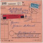 BRD - 50 Pfg, Heuss I senkr. 3er-Streifen/UR Schnellpaketkarte Kleinheubach 1954