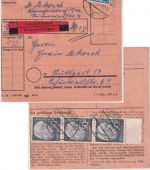 BRD - 50 Pfg, Heuss I senkr. 3er-Streifen/UR Schnellpaketkarte Kleinheubach 1954