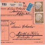 BRD - 2x70 Pfg, Heuss I + NO Paketkarte Erlenbach - Hürth b. Köln 21.12.54