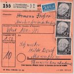 BRD - 3x50 Pfg, Heuss I + NO Paketkarte Neunkirchen ü. Miltenberg 7.3.55