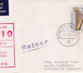 BRD - 70 Pfg. Wofa/Harfe Luftpostbrief LH-Erstflug München Manchester 9.3.74