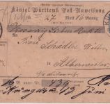 Württemberg - 20 Pfg. Ganzsache/Postanweisung Künzelsau - Alberweiler 1894