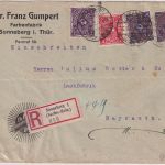DR-Infla - 2x20 M. Posthorn u.a. Einschreibebrief Sonneberg - Bayreuth 1922